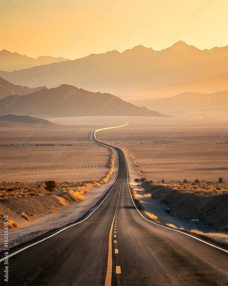 Fototapeta premium A long, winding road stretches through a desert landscape. Mountains rise in the background under a warm sunset sky. The scene conveys a sense of adventure and exploration.