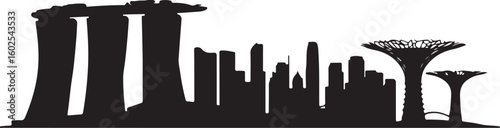 Singapore Skyline Silhouette Vector with Marina Bay Sands and Supertree Grove