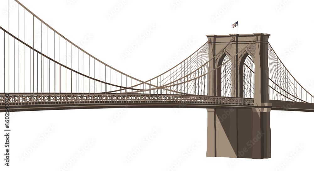 Naklejka premium Architectural marvel: Vintage-style rendering of an iconic bridge structure with intricate cable designs