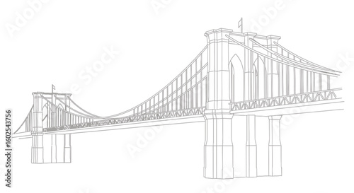 Architectural rendering of a suspension bridge, showcasing detailed linear construction and simplistic elegance