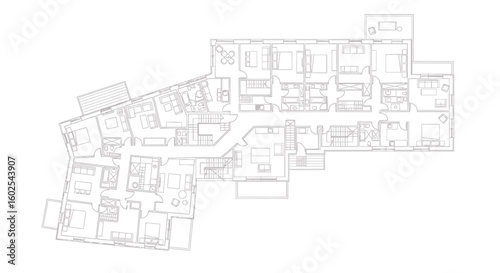 Detailed Architectural Floor Plan Blueprint Showcasing Interior Layout of a Complex Residential Building with Multiple Rooms and Features