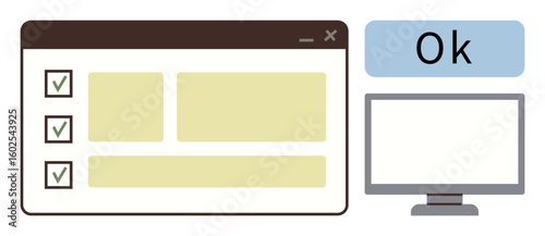 Checklist with marked tasks in a browser window, Ok confirmation box, and computer monitor. Ideal for productivity, task management, workflow, UI concepts, organization, efficiency simple flat