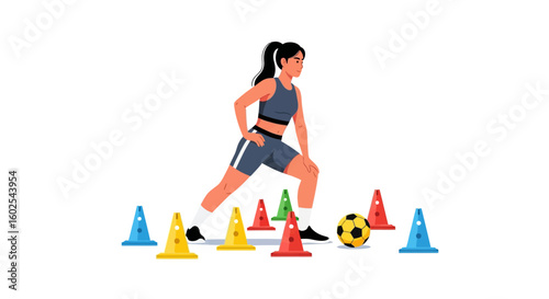Agile female soccer player warming up with agility cones and ball for enhanced performance