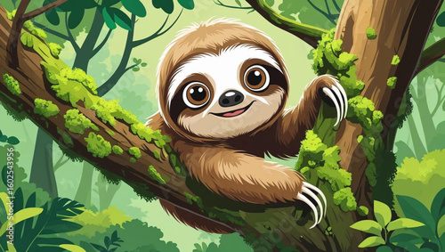 Smiling Sloth Cartoon: A charming cartoon sloth is calmly perched on a tree branch in a vibrant, lush jungle. Showcasing nature's gentle side. Generative AI