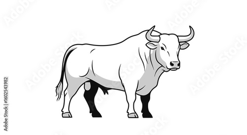 Majestic Line Art: Striking Monochrome Illustration of a Powerful Bull Displaying Strength and Determination on Pure White Backdrop