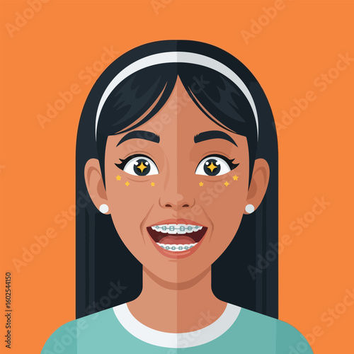 Smiling Woman with Braces and Starry Eyes on Orange Background