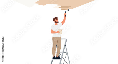 Illustrative depiction of a person painting a ceiling with a roller brush, standing on a stepladder performing home improvement tasks independently