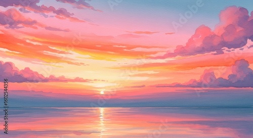 Serene Sunset over Calm Ocean: Watercolor Painting of Pastel Sky and Water