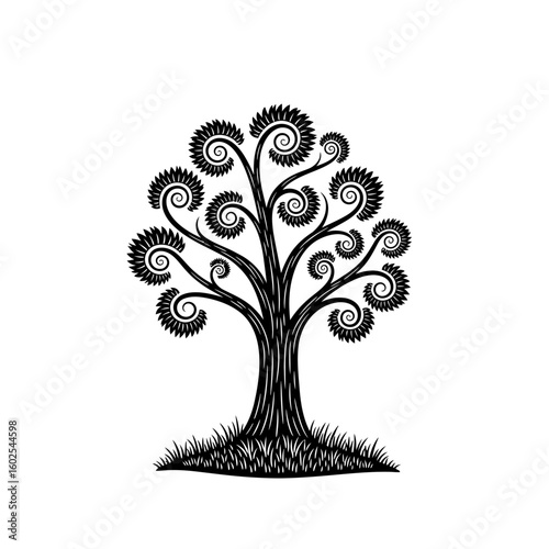 A stylized black and white tree with spiral leaves on a grassy ground area
