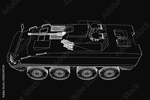 Armored troop carrier in detailed black and white contour drawing, featuring prominent tracks and a sturdy turret. The vehicle stands out against a solid black background with precise linework.