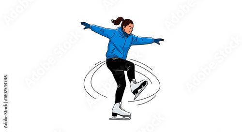 Dynamic depiction of a female ice skater performing a captivating spin on a clean white background, showcasing agility and grace on the ice rink