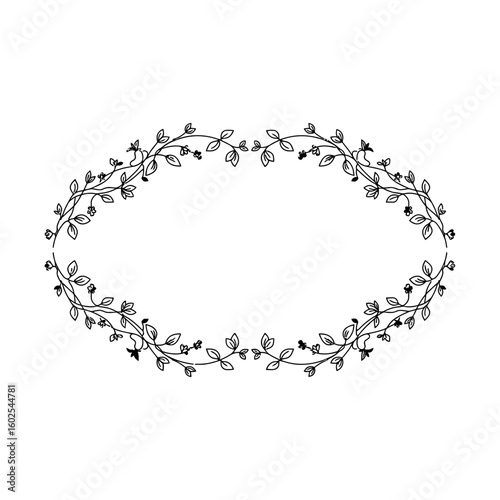 Oval frame with floral vines and leaves in black and white line drawing