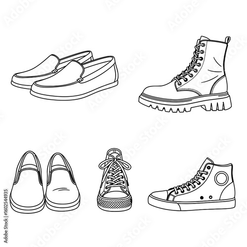 A line drawing of four different types of shoes on a white background