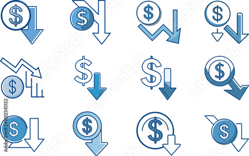 Set of icons representing financial decrease and economic downturn in a vector illustration