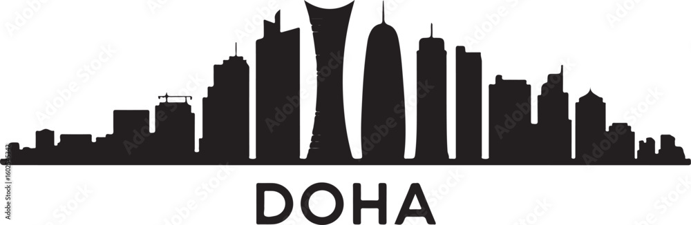 Doha Skyline Silhouette Vector with Aspire Tower and West Bay Doha Skyline Silhouette Vector with Aspire Tower and West Bay