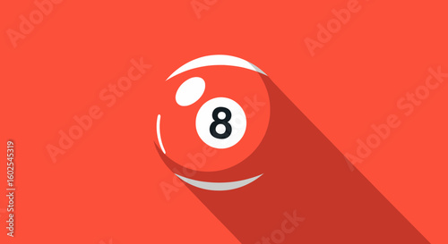 Minimalistic billiards eight ball illustration with long shadow on a vibrant red surface backdrop