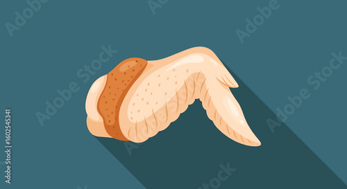 Stylized Single Chicken Wing on a Blue Background Ready for a Meal, with Long Shadow Effect, Appetizing and Simple Depiction of Poultry Meat