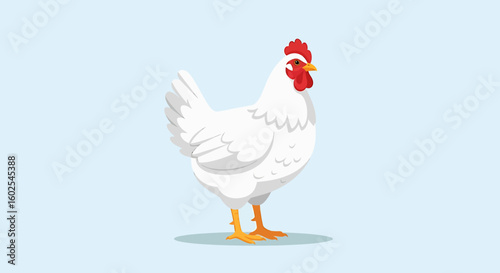 Elegant white hen with red crest standing gracefully on a light blue background art illustration