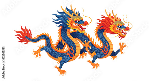 Double the mystical might: Two stylized chinese dragons dance in vibrant complementary hues, a powerful expression of luck and prosperity
