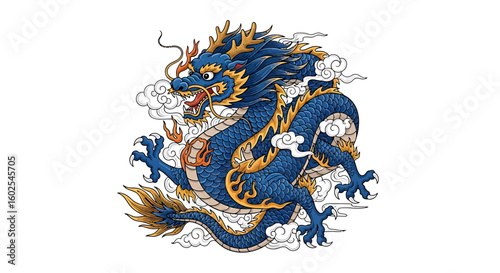 Majestic azure dragon ascending amidst swirling clouds symbolizing strength and power, with intricate golden detailing adding depth and opulence