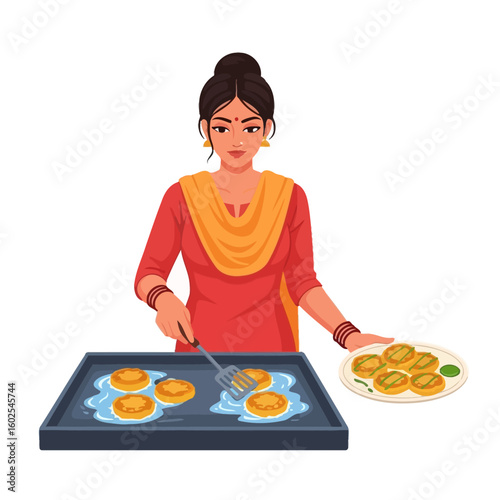 Woman Cooking Food in Red Dress, Yellow Shawl, Indoor Cooking