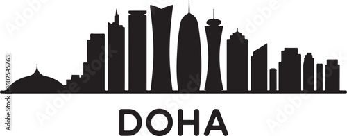 Doha Skyline Silhouette Vector with Aspire Tower and West Bay