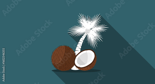 Artistic illustration of tropical coconut halves and a stylized palm tree against dark turquoise background