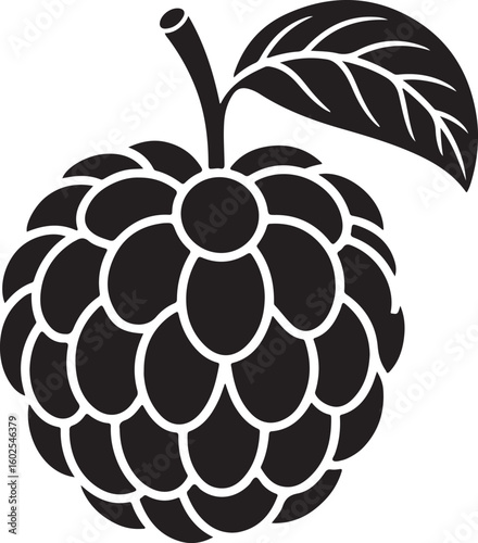 Stylized black and white illustration of a custard apple fruit with a leaf