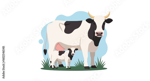 Mother cow nurtures calf in vector design against a soft backdrop showcasing rural serenity, a tranquil farm life scene representing familial bonds