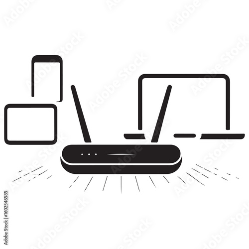 Wireless router connecting a black laptop to an isolated internet network via Wi-Fi technology