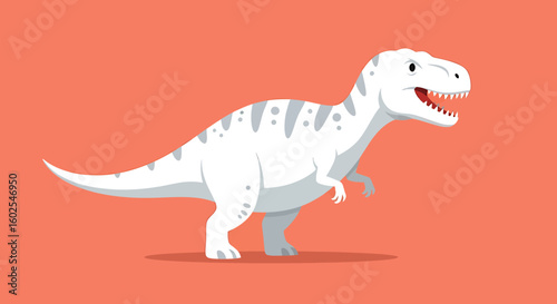 Illustration of a Cartoon Tyrannosaurus Rex Standing on a Salmon-Colored Background with Striking White and Gray Coloring