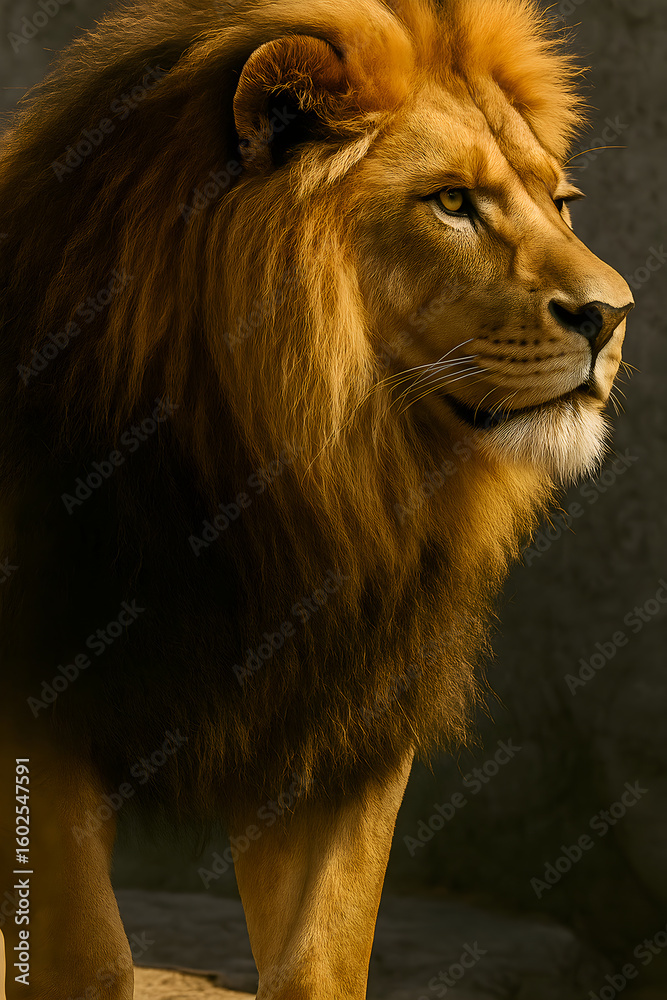Obraz premium A majestic portrait of a male lion in profile, showcasing his impressive mane and powerful presence. The warm lighting enhances the texture and detail of his fur, highlighting the strength and beauty 