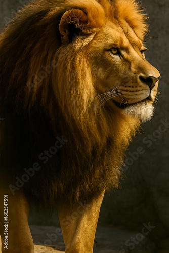 A majestic portrait of a male lion in profile, showcasing his impressive mane and powerful presence. The warm lighting enhances the texture and detail of his fur, highlighting the strength and beauty 