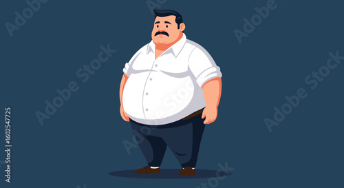 Cartoon Man with Moustache in White Shirt Standing on Blue Background Presentation Portraiture, Design Illustration Graphics, Characters Depiction