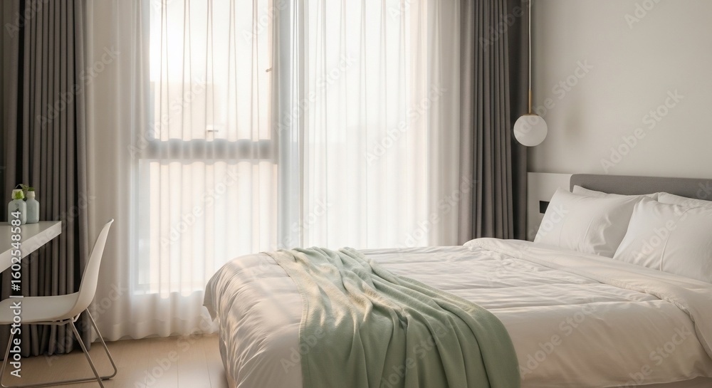 Fototapeta premium Serene Bedroom Interior with Soft Light and Minimalist Design Creating a Relaxing Ambience