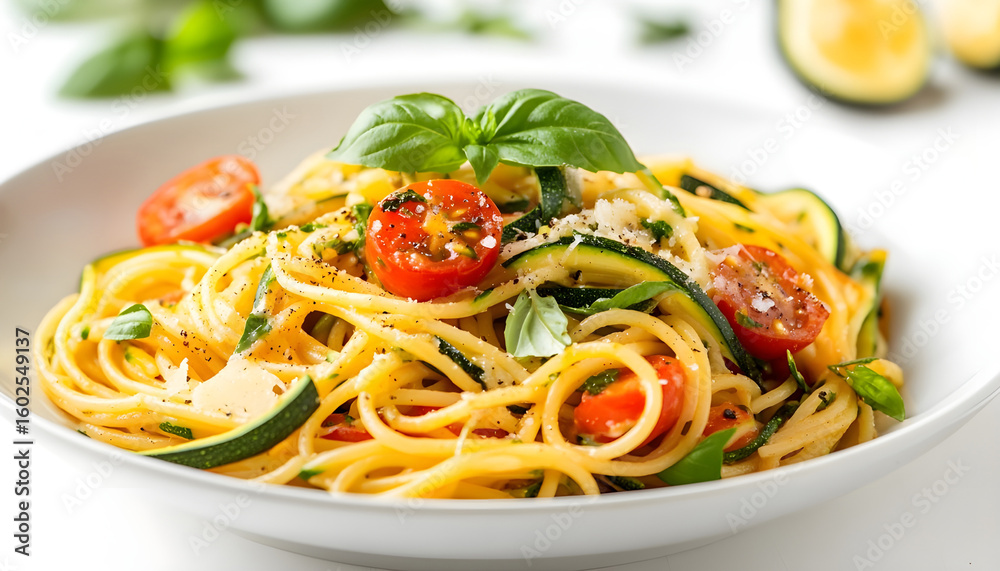 Delicious zucchini butter spaghetti presented on a white background showcasing vibrant colors and fresh ingredients for a healthy dish Delicious zucchini butter spaghetti presented on a white background showcasing vibrant colors and fresh ingredients for a healthy dish