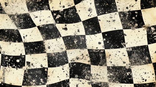 a high-resolution distressed racing flag background, featuring a monochromatic checkered pattern with an aged and weathered texture the edges of the checkers fade into an abstract white space, with