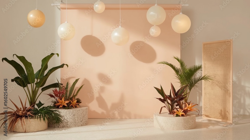 Fototapeta premium Modern interior design with tropical plants, beige backdrop, and hanging spherical lights