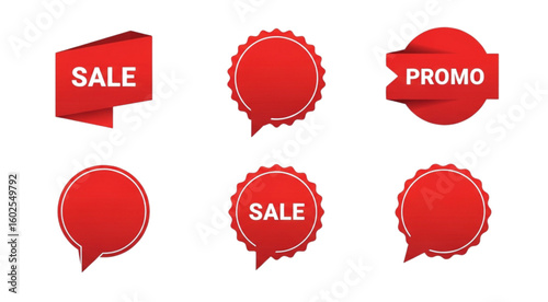 Collection of red sale and promo labels in various shapes for marketing and advertising use cases