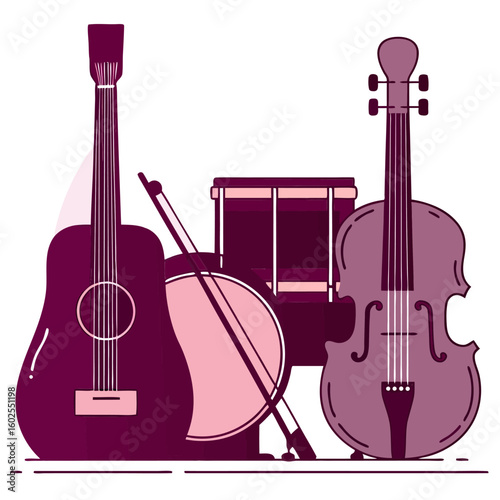 Musical Instruments Illustration with Guitar Drums and Cello in a Simple Style