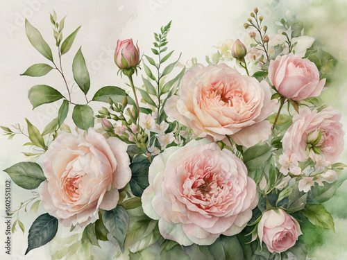 Delicate pink roses and green foliage peach