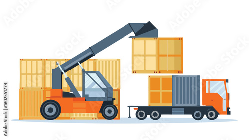 A forklift is lifting a container and placing it on a truck with other containers stacked on it