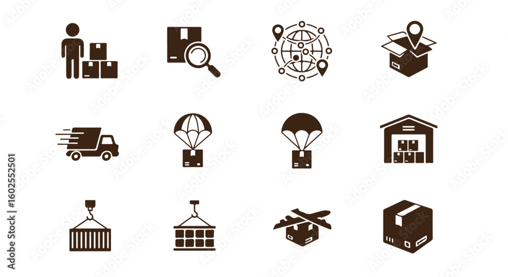 Naklejka premium A set of logistics icons depicting shipping, delivery, global network, and warehousing, all in a simple, dark brown color scheme.