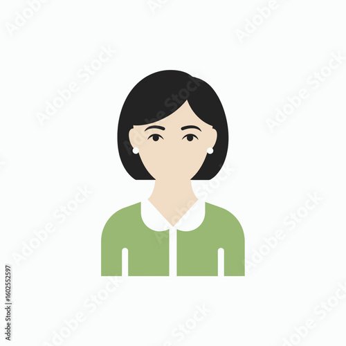 Simplified illustration of a woman with dark hair, wearing a green top with a white collar.