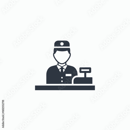 A dark blue icon depicts a hotel worker standing behind a desk with a cash register. The worker is wearing a uniform.