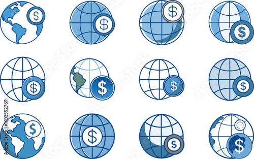 Vector illustrations of various globe icons representing global business and financial concepts.