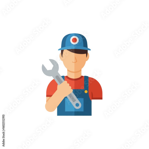 A cartoon mechanic holding a wrench, ready for repair work, wearing a cap.