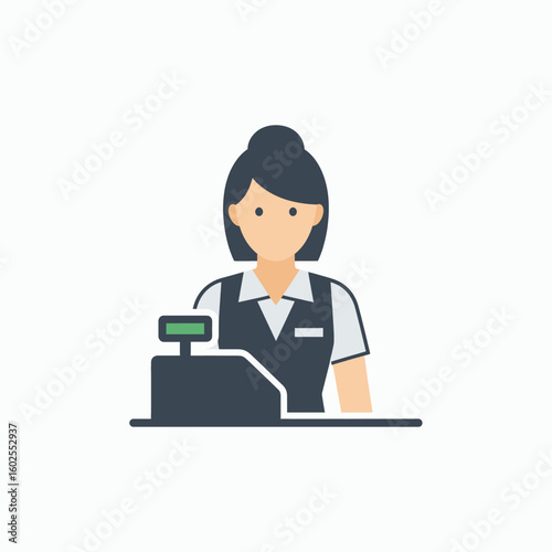 A female cashier stands behind a cash register, ready to serve customers.