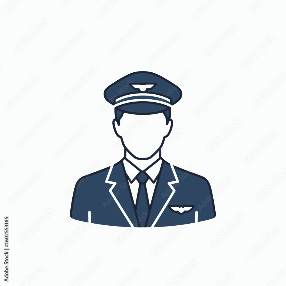 Illustration of a pilot wearing a uniform, including a hat, jacket, and tie, against a white background. Illustration of a pilot wearing a uniform, including a hat, jacket, and tie, against a white background.