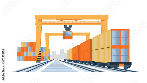 Illustration of a container train with cargo containers and a gantry crane at a shipping yard